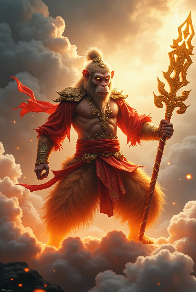 1 Monkey King,Son Goku holds a golden rod,Riding on the clouds、((((Golden Eyes of Fire Eyes:1.5)))),((Full golden rod)),Assumes a flaming armored fighting stance,Red ribbon,Clouds of fire spreading at your feet,masterpiece, (Personification, Black Monkey King God, Nyoishinkoubo with mythical staff, Chinese mythology),((Thunderclouds in the background)),clouds,8k,High resolution,Detailed detailed view,Very photorealistic,'Black Myth Wukong