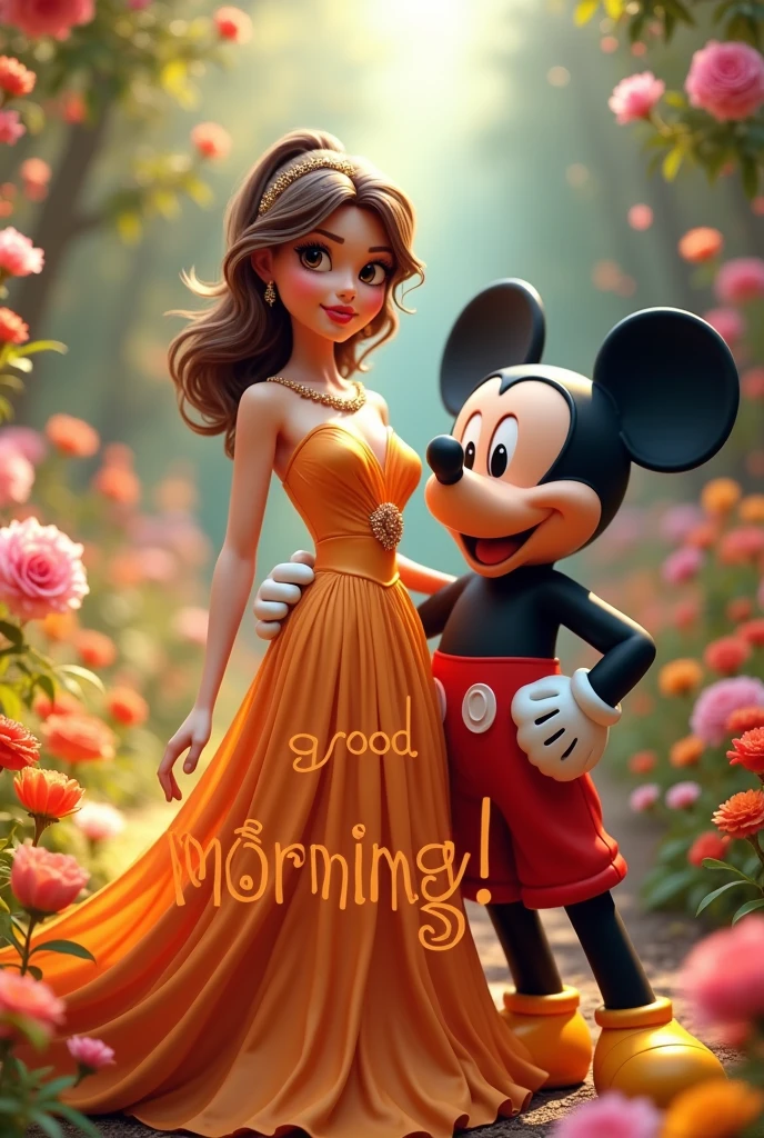 created 3D with a beautiful lady wearing golden red gown,beside the beautiful ladya big mickey mouse, infront name "Good Morning!" background flower garden