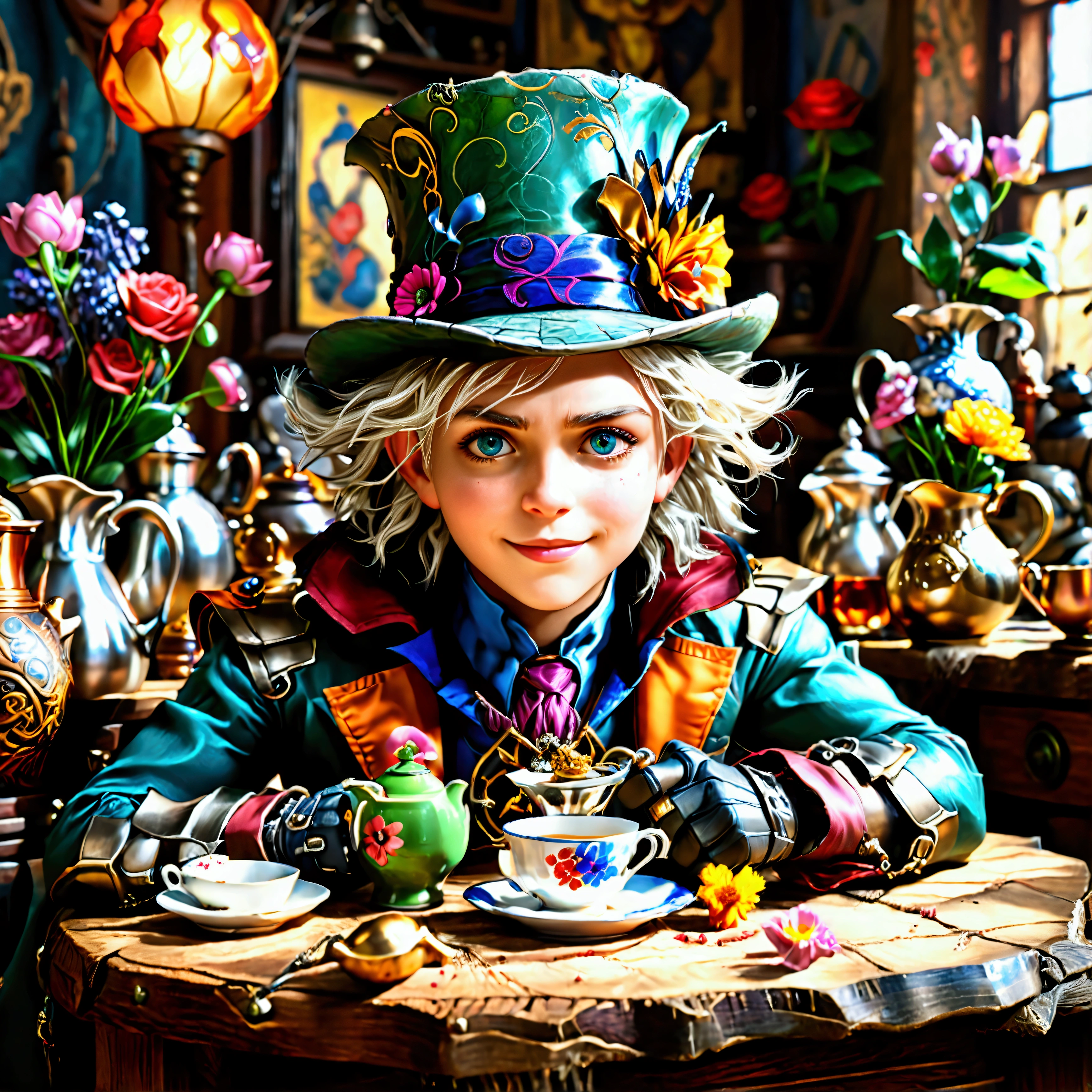 Make the Mad Hatter&#39;s big smile rectangular tea table with him at the end and in the middle of the image and the rest of the characters so that the table is facing the front of the table., on the table with various tea things, flowers, cups jugs, crazy stuff and watches Cyborg Joker Echo (Maya Lopez) Jason Grace Leo Valdez Loki Nico di Angelo Piper McLean Professor Xavier Reyna Avila Toph Thor, physically-based rendering,professional,studio sunlighting,extreme detail description,nsfw,massif high saturate, insane (max best quality),(insane best details),(insane realistic),(insane masterpiece:1.2),ultra-detailed,(raw realistic:1.37),insane professional photorealistic,(insane photo-realistic:1.37),HDR,DSLR,studio lighting,ultra-fine real-life,sharp focus,physically-based rendering,extreme detail description,professional,vivid colors,portrait,concept art,hyperrealistic,varies,multi,etc. --v 6 --s 1000 --c 20 --q 500 --chaos 100