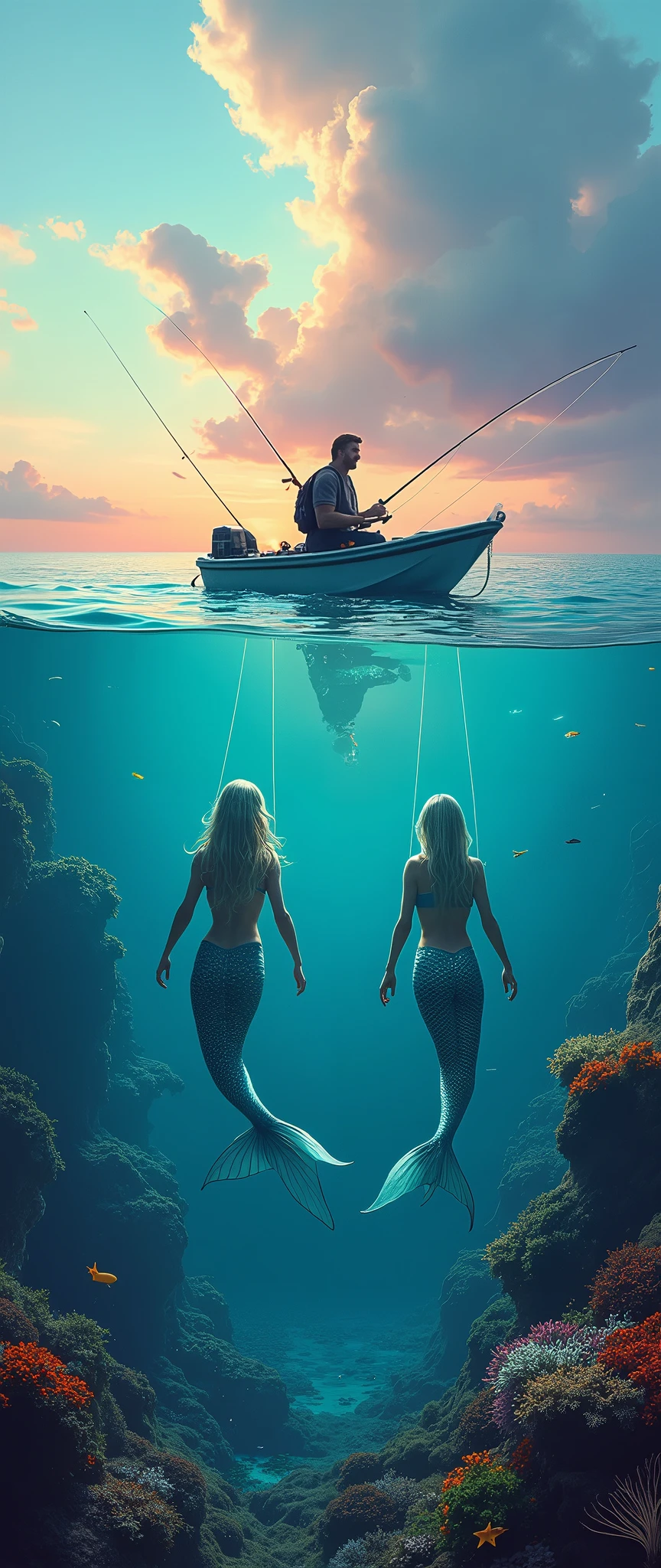 A fisherman in modern expensive looking equipment is fishing, there are very beautiful mermaids in the sea, hooking their boots on his hook and laughing, beautiful sky, beautiful underwater, side view