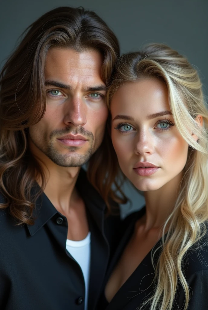 man and woman, The man must have long brown hair down to below the ears, Tez blanca, Without beard, blue eyes, tall and very handsome, the woman has to have blonde hair, Tez blanca, eyes the color of honey, angelic appearance, They both look forward with mysterious gazes, Gray background