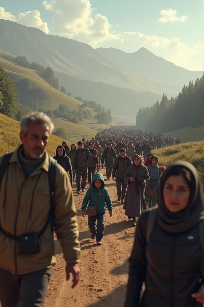 Three people consisting of, one young Asian man with black and gray undercut hair with a stocky body, one young woman wearing a hijab with a slightly fat body, and one five year old girl wearing a hijab with a slightly fat body, they were outdoors, with their faces cheerful. Men are holding cameras, and they are surrounded by green trees, showing a natural atmosphere. The camera lens reflected an inverted image of the mountainous landscape in front of them. This scene is interesting because it captures a photographic moment in nature, highlighting the interaction between humans and the environment.