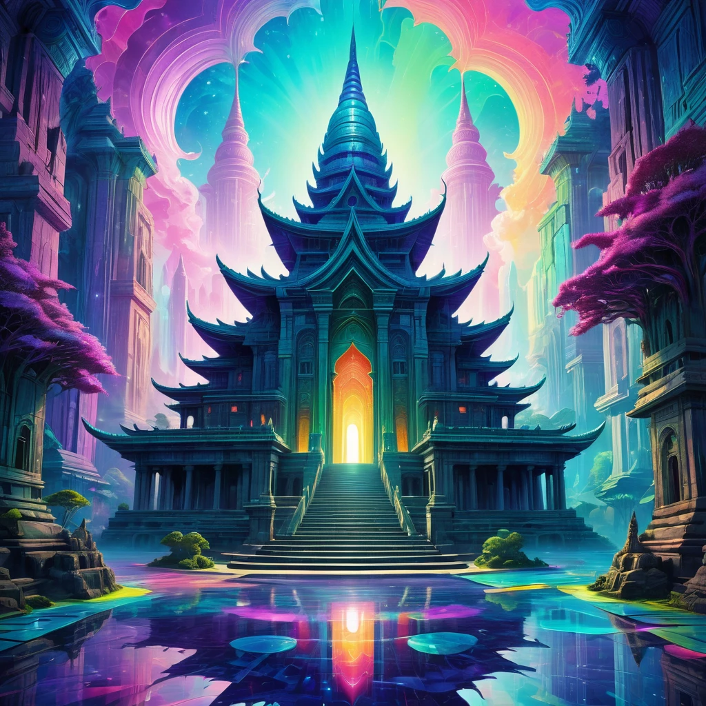trippy art,Abstract style,A fantasy temple in a utopian world,Irridescent color