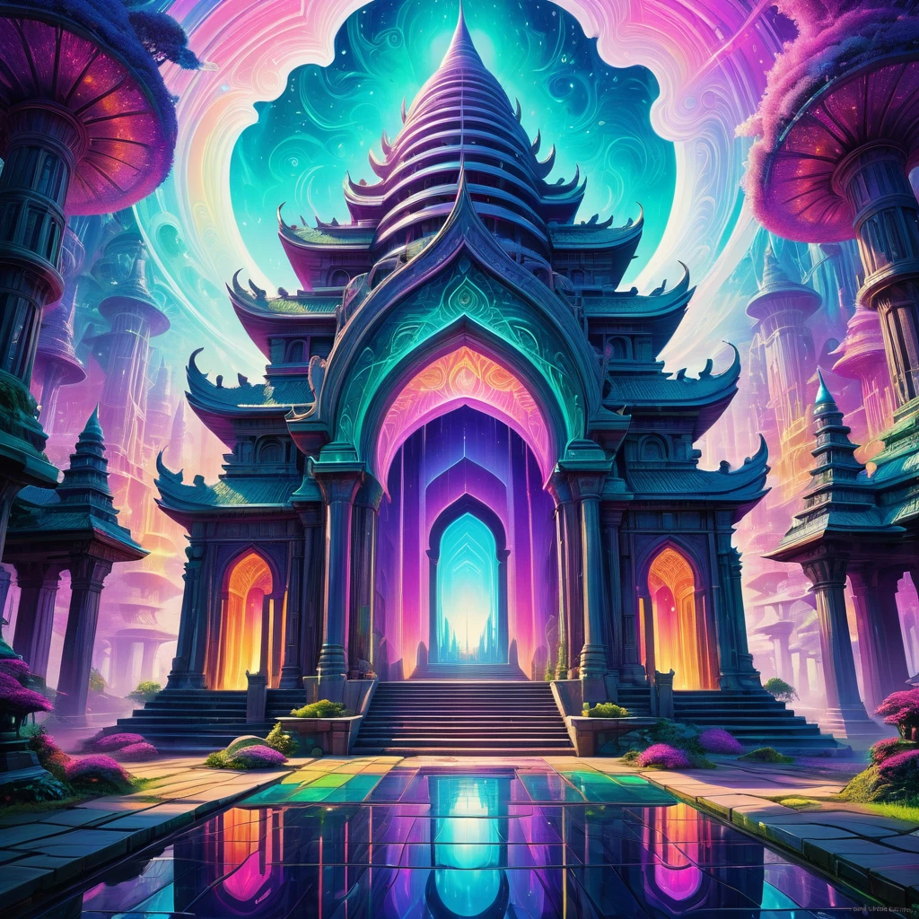 trippy art,Abstract style,A fantasy temple in a utopian world,Irridescent color