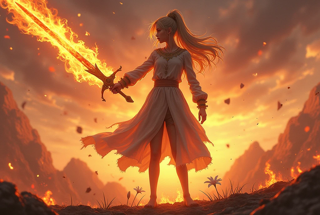 1girl, bangs, breathing fire, burning, burnt clothes, embers, ahoge, beige hair, multicolored hair, fire, flame, flaming sword, (hand on hilt), standing, long hair, pyrokinesis, expressionless, smoke, flower(symbol), solo, sparks, sunset, twilight, white flower, molten rock, lily (flower), fiery flower, depth of field, burning , hyper-realistic
