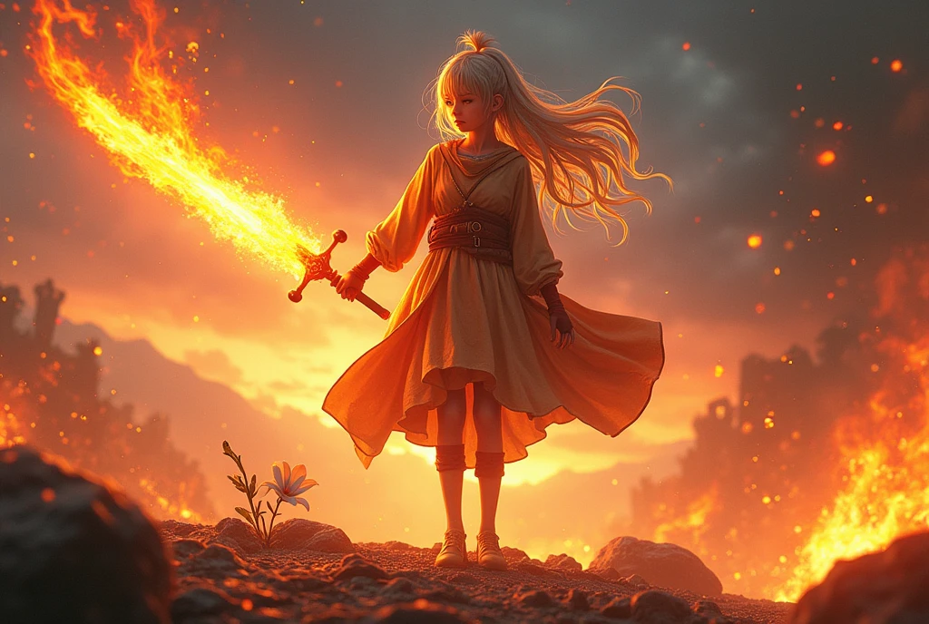 1girl, bangs, breathing fire, burning, burnt clothes, embers, ahoge, beige hair, multicolored hair, fire, flame, flaming sword, (hand on hilt), standing, long hair,  pyrokinesis, expressionless, smoke, flower(symbol),  solo, sparks, sunset, twilight, white flower, molten rock, lily (flower),  fiery flower, depth of field, burning , hyper-realistic 