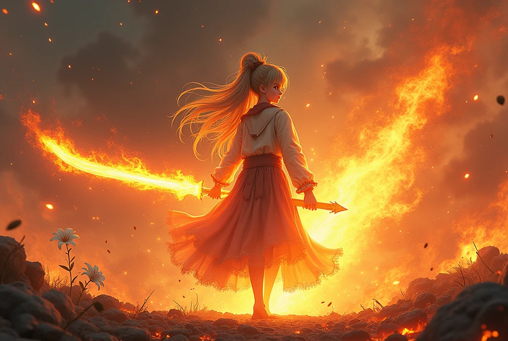 1girl, bangs, breathing fire, burning, burnt clothes, embers, ahoge, beige hair, multicolored hair, fire, flame, flaming sword, (hand on hilt), standing, long hair, pyrokinesis, expressionless, smoke, flower(symbol), solo, sparks, sunset, twilight, white flower, molten rock, lily (flower), fiery flower, depth of field, burning , hyper-realistic