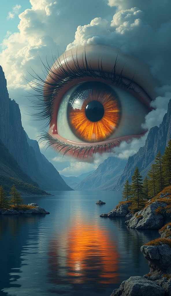 Create a surrealist image of a large human eye dominating the landscape. The eye should reflect a dramatic sunset with shades of orange and blue. The mountains in the background should have sharp peaks, reflected in a calm lake. The clouds in the sky should be voluminous and dark, as if a storm is approaching. The colors should be vibrant, highlighting the eyelashes of the eye and the textures of the surrounding skin. The overall theme should evoke a sense of mystery and introspection, as if the landscape is within the eye, symbolizing a connection between nature and human perception.
