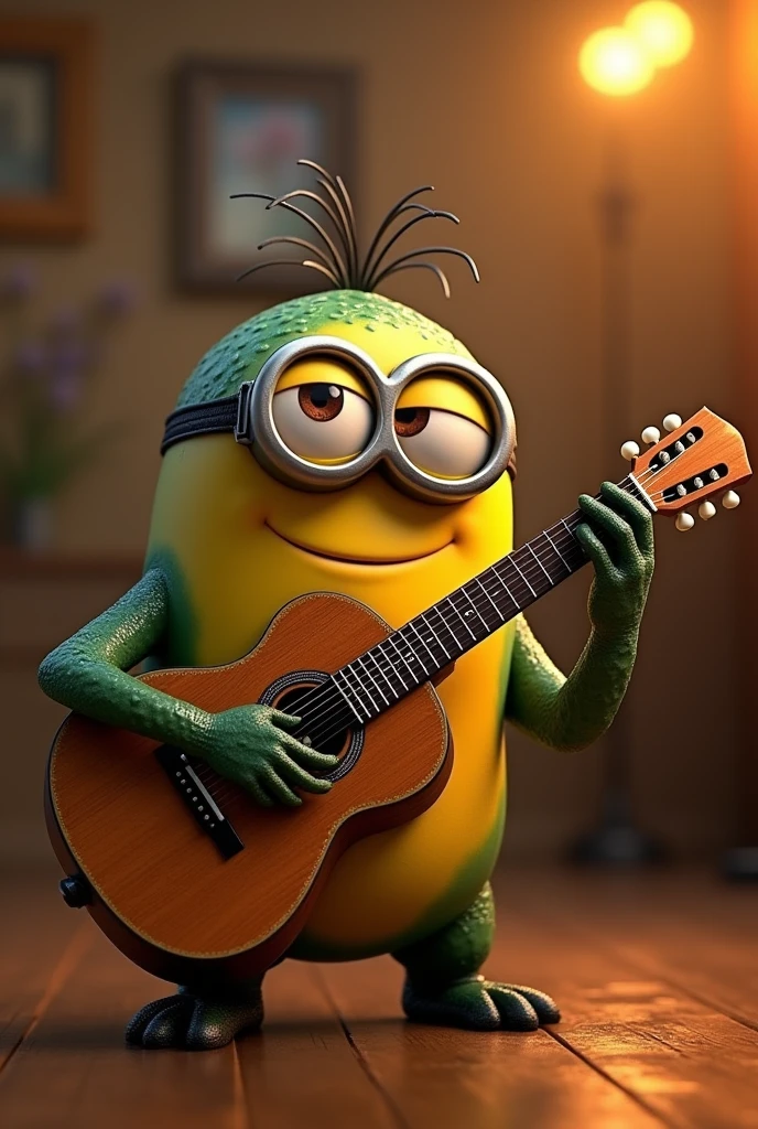 A Minion nalgon playing acoustic guitar