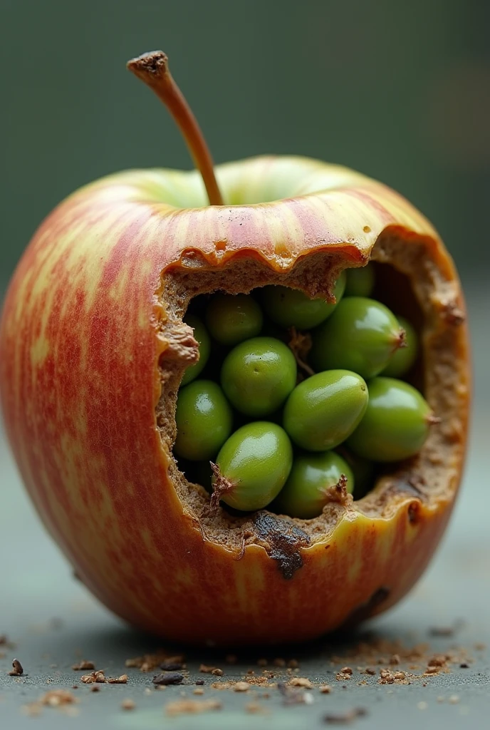 A rotten apple that has been bitten with seeds inside The seeds inside are green in color
