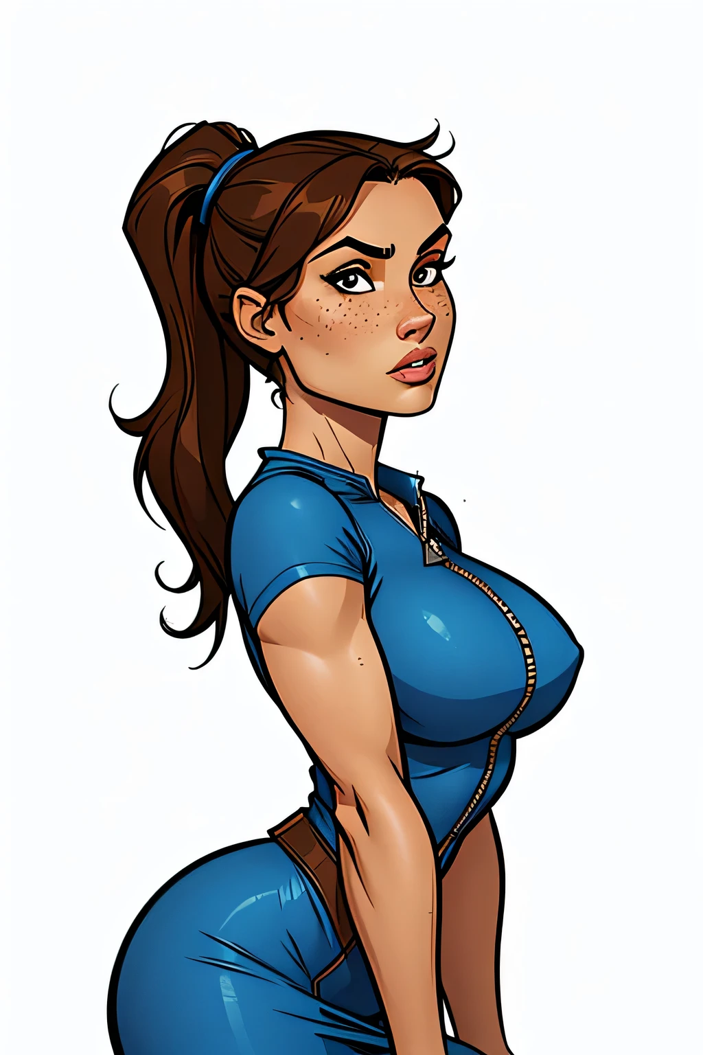 Thin woman (Lara Croft), age 25, 4K (High definition), thoughtful, seducing gaze, eyes browns, wearing a blue dress (com zipper lateral) and short sleeves, arms positioned at the side of the body, brunette skin, long brown hair tangled (pony-tail), standing (upper body), full of curves with freckles on her chest and neck, round breasts. High-quality Marvel style, white background.