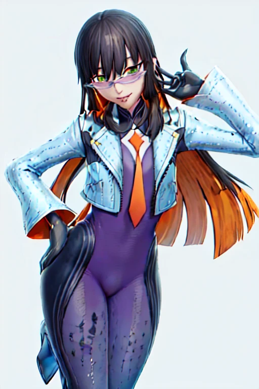 Daraku, Alone, 1girl, glasses, green eyes, solo, jacket, bodysuit, orange tie, long hair, gloves, smile, best quality, masterpiece, sexy body, leather trouser, heels boots, Detail,