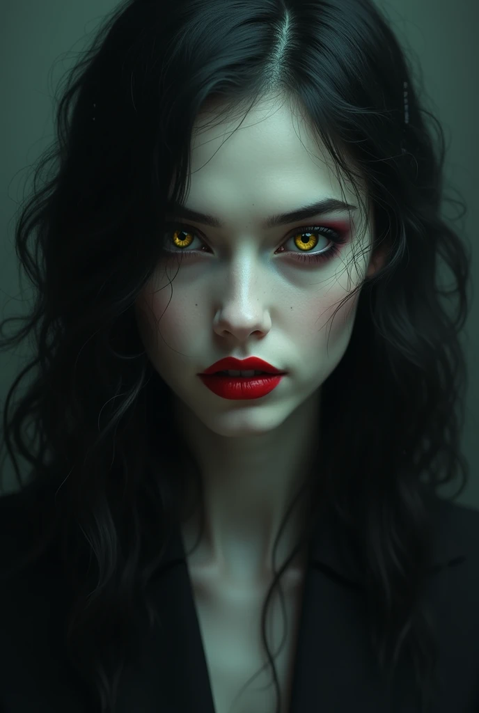 Woman,pale skin,thin and striking face, red lips,yellow eyes with a striking and intimidating shape. Long black wavy hair, intimidating and attractive aura.