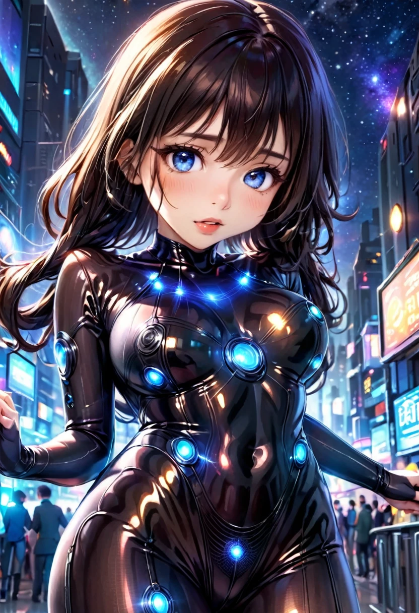Future city, universe, technology, magic, reality, cute woman (sheer body suit with blinking lights, no underwear), starry eyed sight seer