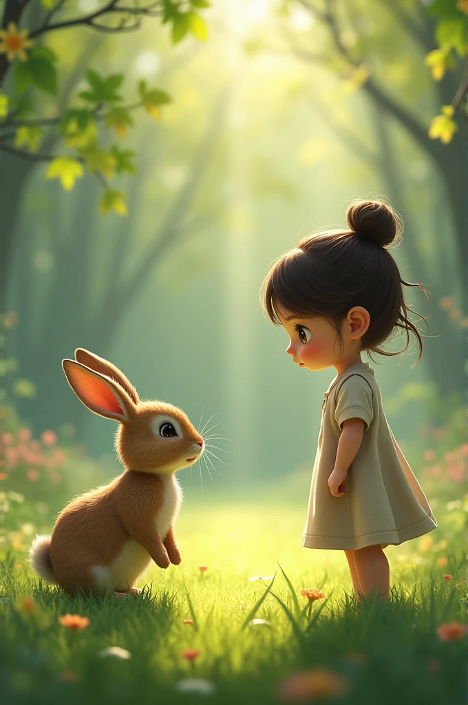 The rabbit cautiously looking at the girl and then slowly moving closer to her."