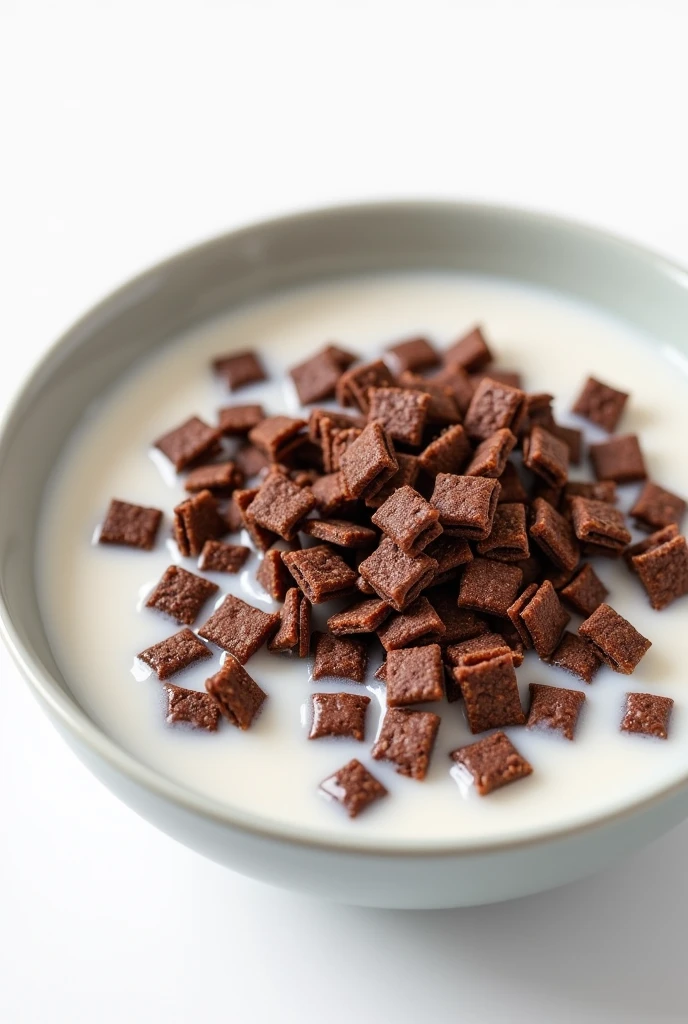 shows a cereal of Crunchy Chocolate Flakes in a deep plate with milk on a white background:0.8