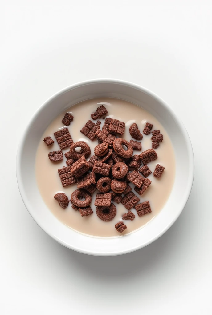 shows a cereal of Crunchy Chocolate Flakes in a deep plate with milk on a white background:0.8