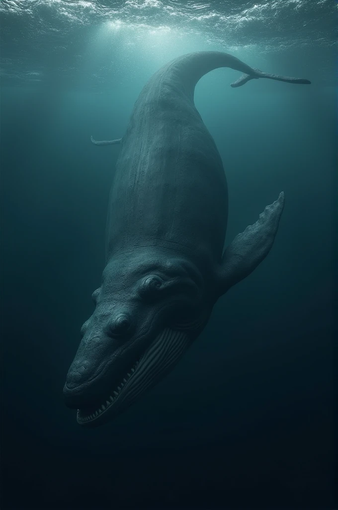 Make a whale that's upsidedown and in the deep ocean . Front view
