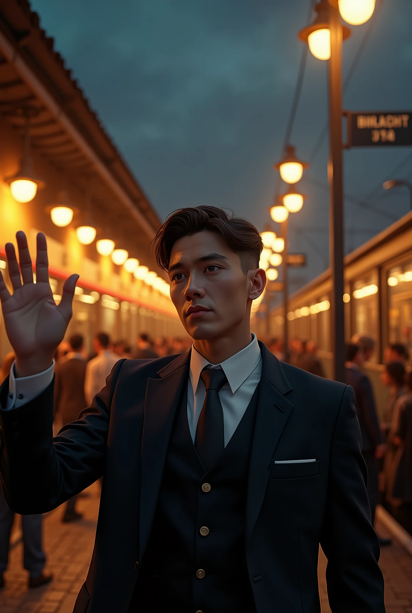 (photorealism:1.2), a very handsome young man wearing a bat suit the train station waving his hand as a farewell greeting(sad facial expression looking at the departing train with a 360° view), at the train station, crowded with people, lights at night, wagon