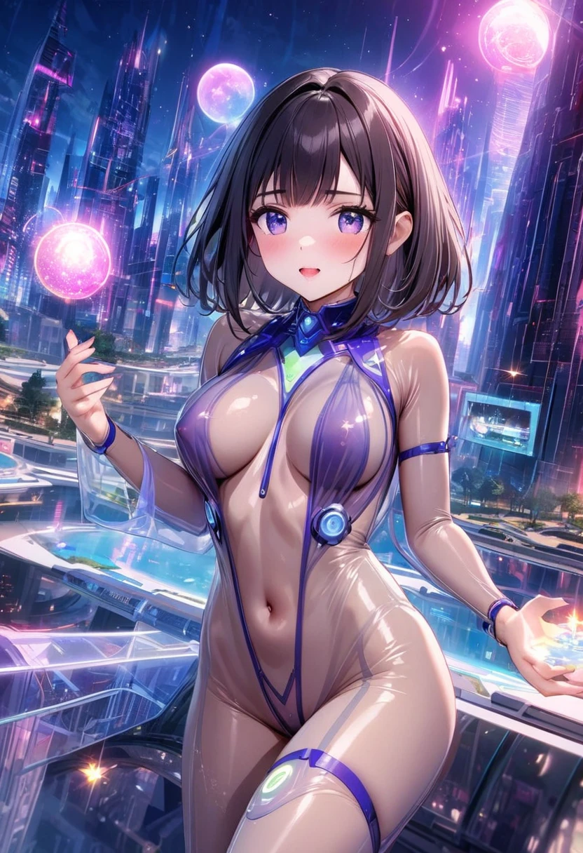 Future city, universe, technology, magic, reality, cute woman (sheer body suit with blinking lights, no underwear), starry eyed sight seer
