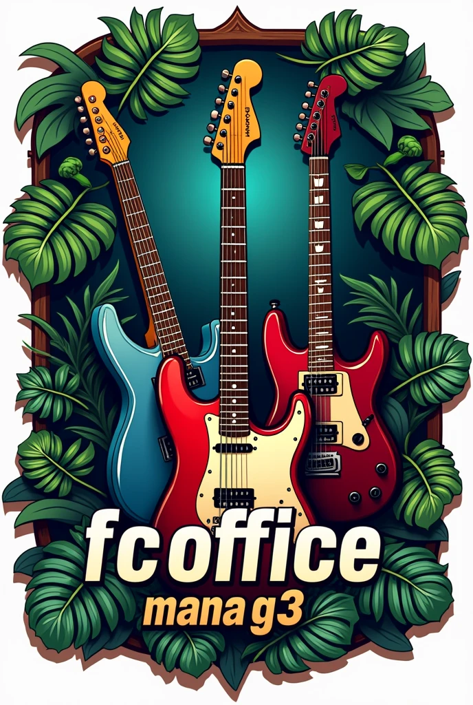 create a logo highlighting rock musical instruments, wrapped in a frame with Amazon leaf patterns, Written "FC Office G3 Manaus"