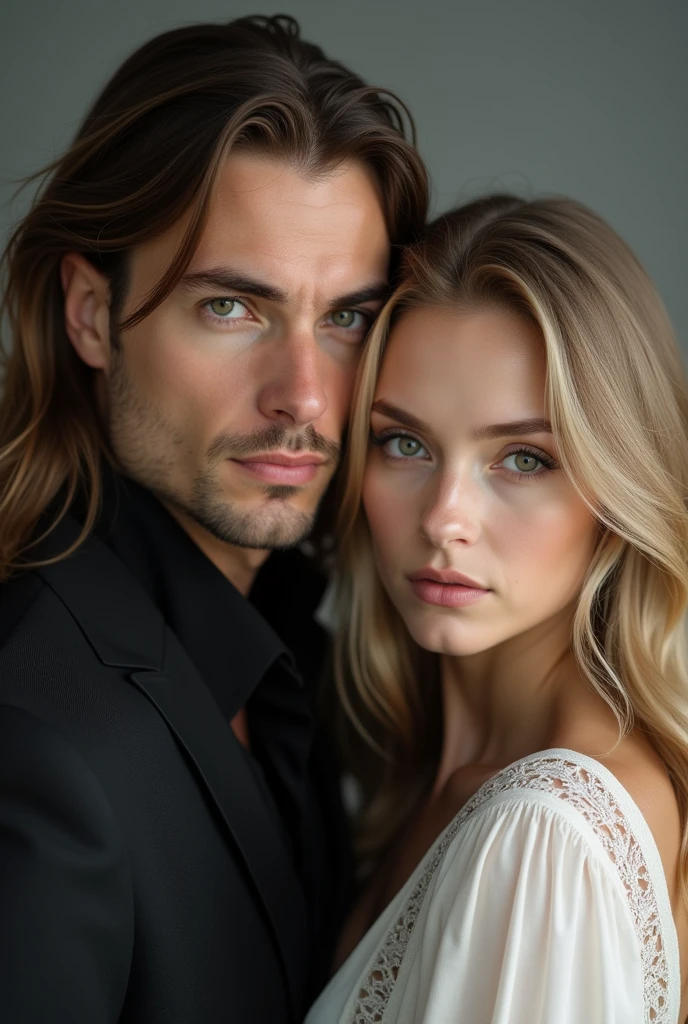 man and woman, The man must have long brown hair down to below the ears, Tez blanca, Without beard, blue eyes, tall and very handsome, the woman has to have blonde hair, Tez blanca, eyes the color of honey, angelic appearance, They both look forward with mysterious gazes, Gray background 