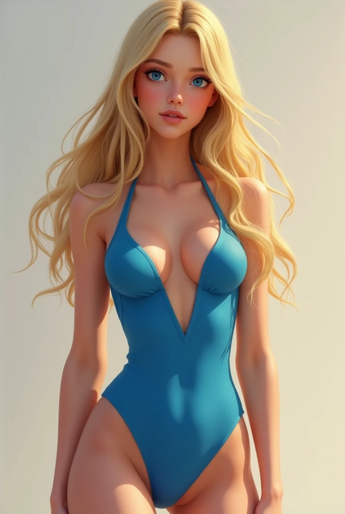Belle , long straight blond hair, French, blue eye, maillot de bain, realistic