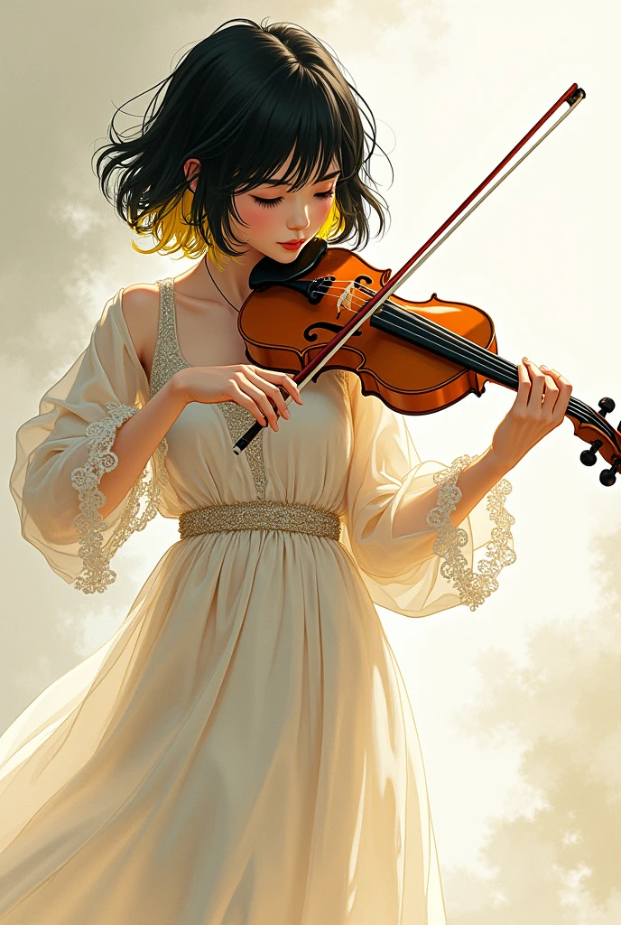 An androgynous boy. short black hair down to the neck, with yellow highlights, playing the violin. The boy's style is OUJI clothes and make it more scribbled.
Make him more feminine, and scribble as if it were a sketch.
Ok Now do as sketch