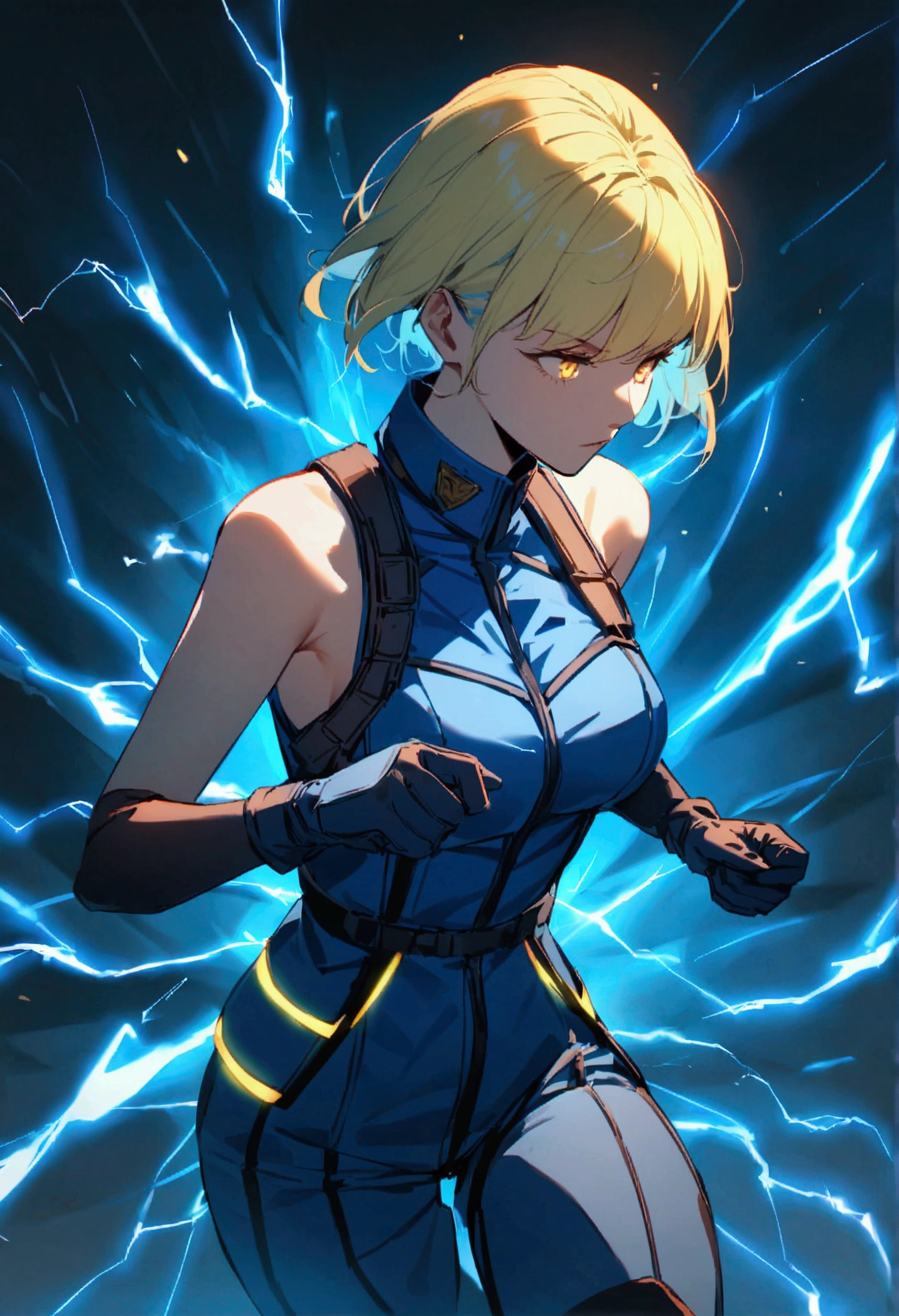 (Maximum quality), fantasy, blue and yellow hair, blue military suit, assessing, neon, electricity, slender girl, yellowish blue rays, High Definition, ultra detailed, in a hurry,  Filipino girl, sleeveless suit, simple military gloves, agente especial de assessing radiante, short hair 