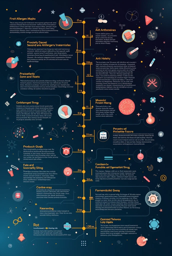 visible image for reading with A visual horizontal timeline showing important milestones in the development of anti-allergens, including the discovery of the first antihistamines and the evolution to second and third generation drugs. colors: blackw, cerulean, Unripe, rot