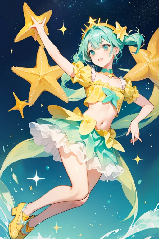 Staria is a light yellow starfish with teal hair.
She wears a teal top with a starfish design and a dark pink and orange star shaped skirt.
She comes with a orange headpiece and yellow shoes. SPARKLE; GLITTER