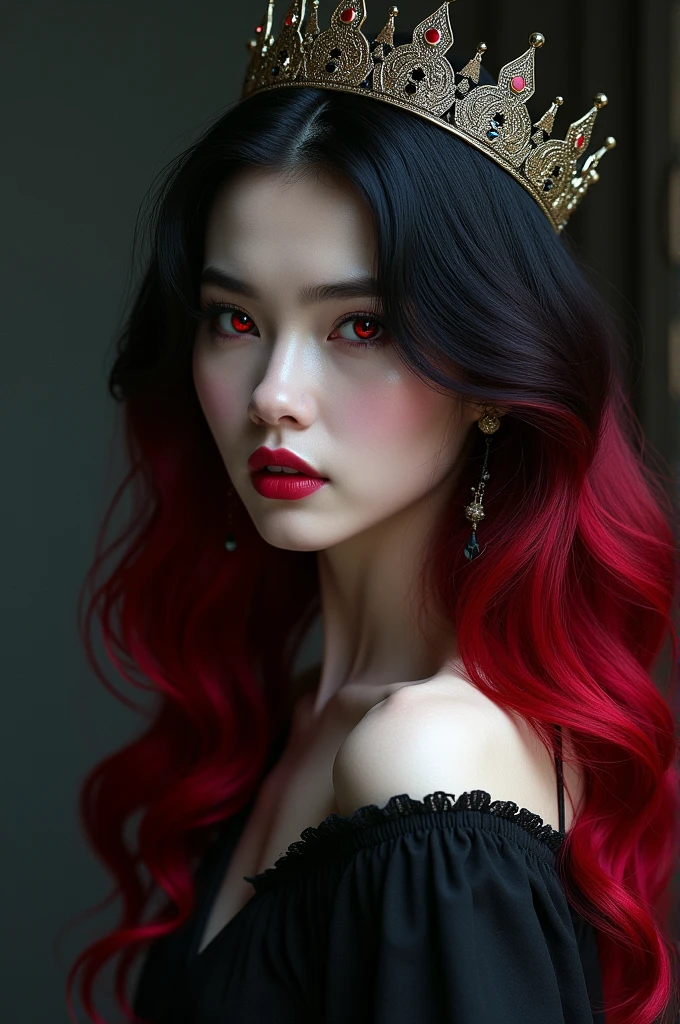 black and red hair vampire girl, clear skin, Red eyes, wearing a crown on his head
