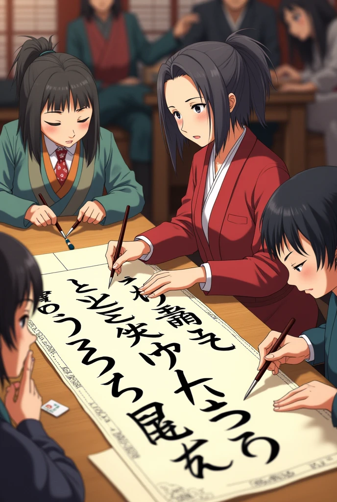 Many Japanese characters writing jiragana a sheet of paper in complex kanji