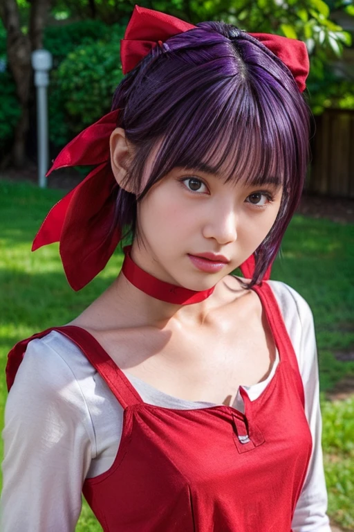  (photo-realistic,realistic:1.4), (best quality, masterpiece:1.2), RAW photo, high resolution, intricate details, extremely detailed, sharp focus, cinematic lighting, portrait,
solo, 1girl, a 14yo Japanese girl, (dynamic pose), detailed face, detailed eyes, sophisticated nose, pale skin, 
(purple hair:1.5), short hair, bangs, slanted eyes, light brown eyes, collarbone, (cotton clothes, long sleeve, white T-shirt, red dress, cami dress, red choker, red bow brooch, red hair ribbon barrette:1.4), red ankle strap pumps, photo background, outdoors,
