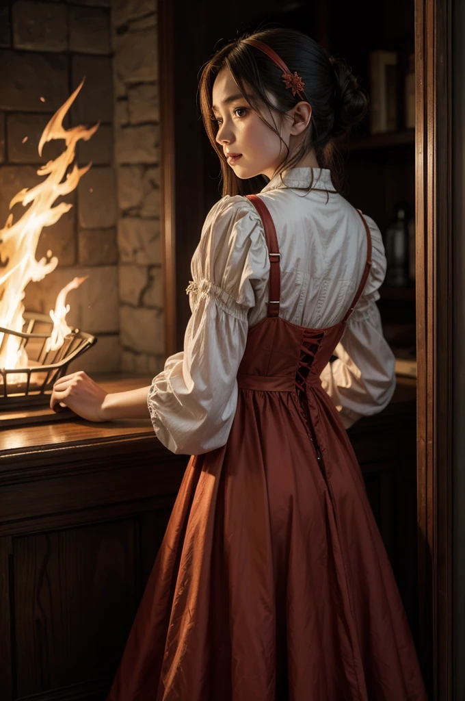 a period dress that recalls the fire element