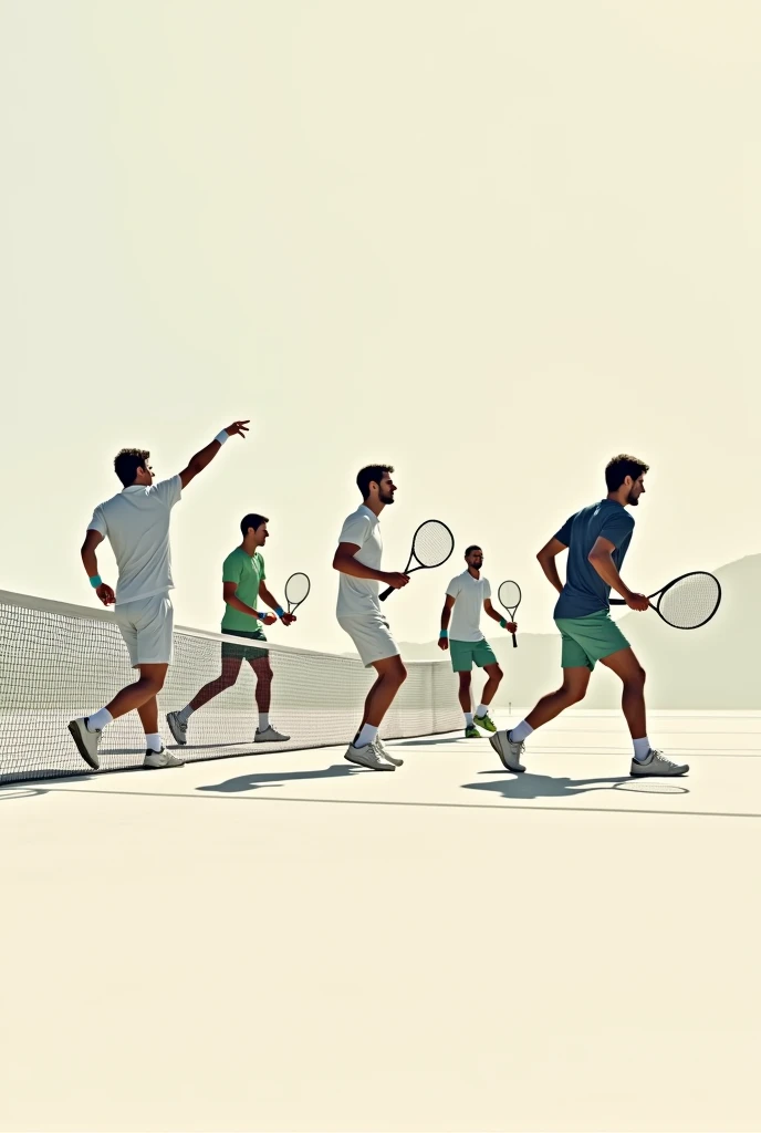 Minimalist and artistic image of Novak Djokovic alongside other prominent male tennis players, with the respective names of each of them next to them, and a famous phrase from Novak Djokovic translated into Spanish. Place players like Nadal, Sinner, Alcaraz, Rublev, Medvedev. In the background a tennis court, and soft colors. Let the players come out in full body playing a match. This last image is perfect!! Just translate the sentence into Spanish please!! 