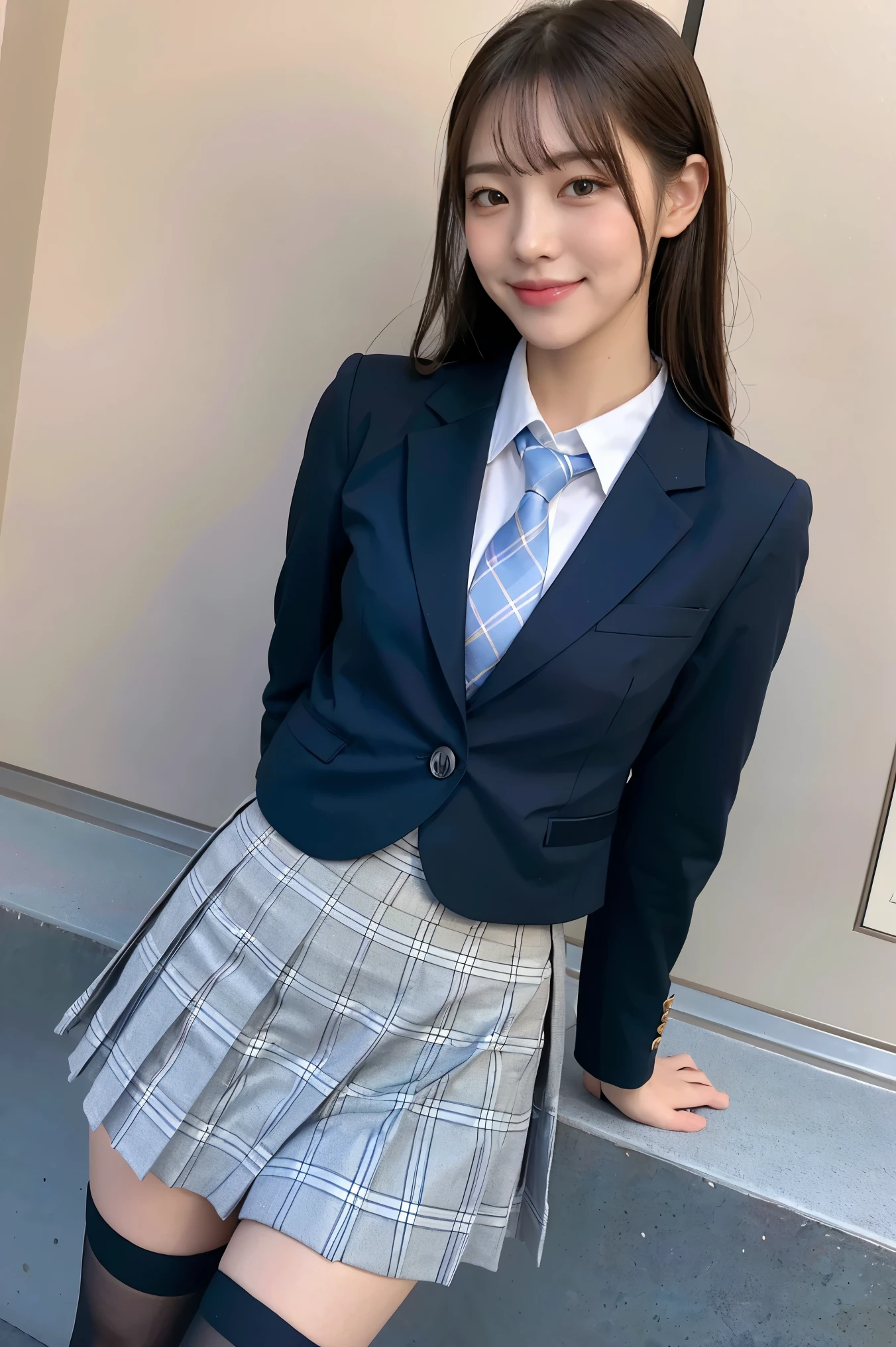 (8K), (highest quality: 1.2), (Realistic), (Realistic: 1.37), Ultra-high resolution, 3 girl, cute, (Embarrassed smile:1.2), (Blushing:1.4),Mouth closed, Beautiful details, Beautiful Nose, (white gold color straight Hair), giant dulcefo, pork, Thighs,Navel exposed,University Student Uniform,A simple blazer,Pleated skirt,(The skirt and tie are tartan check pattern.:1.3), (standing on a kingdom:1.2),(Shiny Thighs:1.4), (medium shot :1.2),(from behind:1.3), (dark blue high socks:1.2),(スカートの中に黒いホットパンツを履いている:1.5), (super low angle:1.5)