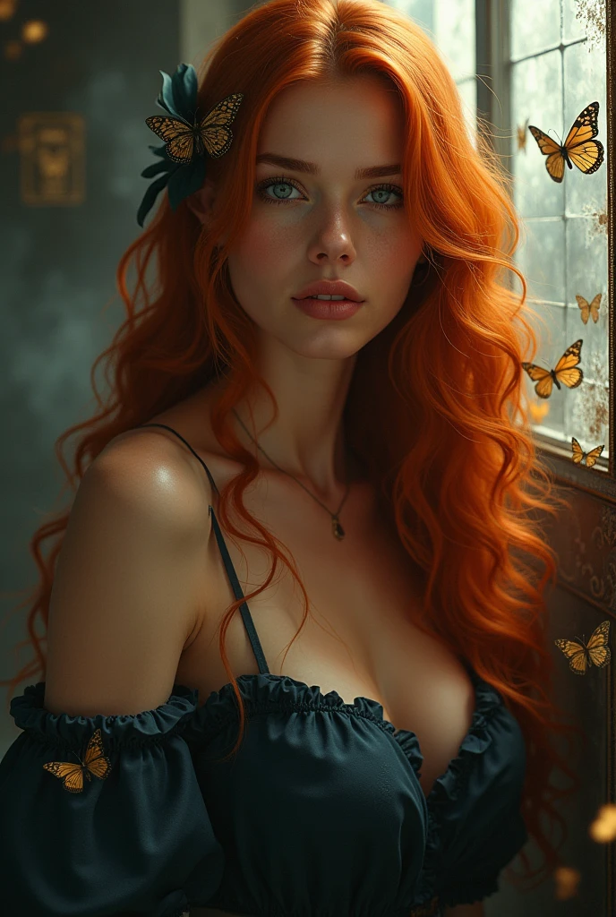 (solo, full body photo:1.3), (action packed:1.3), (haze, fog, mist:1.3), chiaroscuro, best quality, photorealistic, 1woman, (cute), (24yo:1.2), redhead, long ginger hair highly detailed, 1700'S, digital photography, art by artgerm and ruan jia and greg rutkowski surreal painting gold butterfly filigree, broken glass, (masterpiece, sidelighting, finely detailed Fashionable eyes: 1.2) (perfect oval large eyes that gazes at the viewer), beautiful detailed face, blue gorgeous perfect eyes, (blonde hair ponytail), (attractive young woman:1.3), (thick amazing hair), (seductive:1.1), (blushing:1.1)