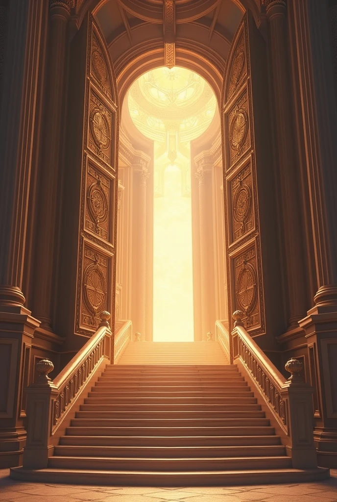 A church with a staircase with very large and wide open wooden doors that lead to heaven 