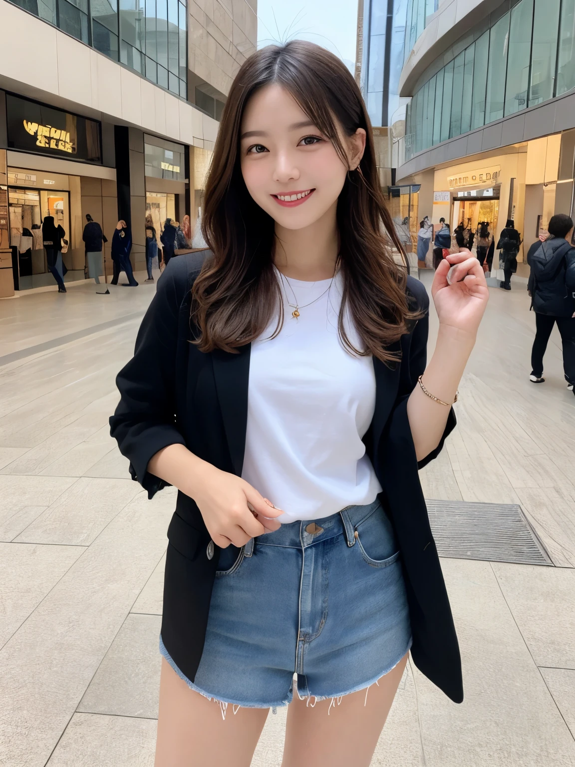1girl, solo, highres, best_quality, masterpiece, detailed_background, intricate_details, beautiful, fukuoka, canal_city, shopping_mall, modern_fashion, casual_clothes, smile, looking_at_viewer, dynamic_pose, natural_pose, candid, happy