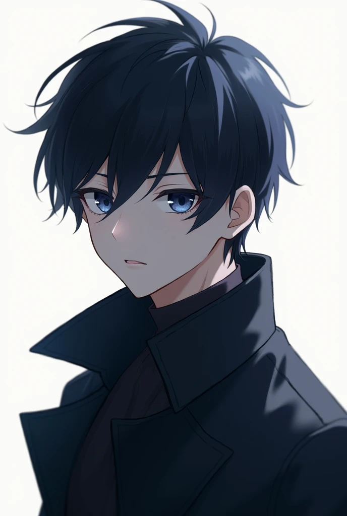 Anime boy black hair and black coat blue eyes half body white background 
