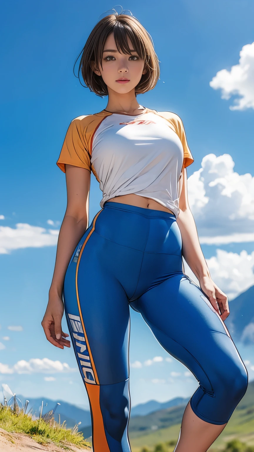 (girl, , Same height :1.2) , (Large Breasts:1.2, not good:1.2), masterpiece,Mountain Bike,Cycling enthusiasts,beautiful girl,business attire,Blue sky and white clouds,8K, 日本のgirl , Very short hair , Camel toe, (High color saturation:1.0), (The skin is very delicate), (best quality:1.0), (Ultra-high resolution:1.0) ,(Practical:1.0), (Very detailed:1.0), (8K, RAW photos:1.1)