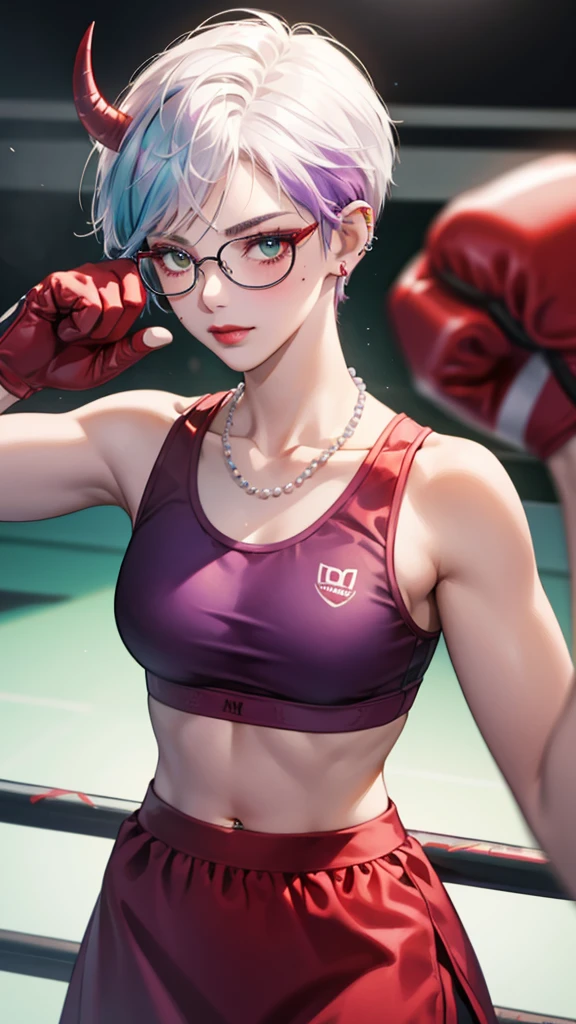 8k, masterpiece, best quality, highly detailed, 1 girl, tiefling, pixie cut, multicolored hair, very short straight hair red highlight hair on white hair, strippled hair, wearing glasses, round glasses, earrings, navel piercing, red eyeshadow, long eyelashes, blushed cheek, red lips, pearl necklace, rings, collarbone, mole on face, glamorous, teal and purple clothes, sleeveless, sport skirt, sport bra, smirk, close up view, rings, looking at viewer, demon horns, boxing gym, boxing glove, MMA 