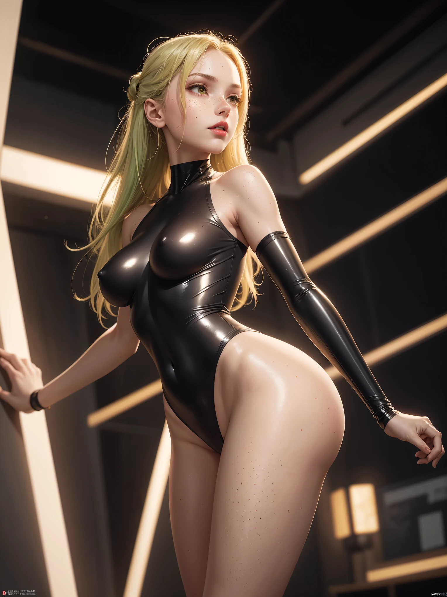 (whole body:1.5),octane rendering, 8K, best quality, masterpiece, illustration, extremely delicate and beautiful, detailed,extremely detailed,CG,Unite,wallpaper,Astonishing, fine details, realistic art: 1.2 ,masterpiece, best quality, official art, extremely detailed CG Unite 8K wallpaper,1 girl, , stretching pose, at a minimalist white palace ,wearing glossy grey bodysuit, at night,   skinny body, seductive facial expression,, wide open eyes, yellow eyes, green hair, trendy hair style,  red lipstick, red cheeks ,pretty symetrical face, shiny wet skin, oiled skin, dark brown skin, lots of freckles, pale complexion, thin waist, narrow hips, long legs, skinny body, large breasts, looking up,, Realistic photos, (hiqcgbody) ,perfect female figure, facing away, showing ass