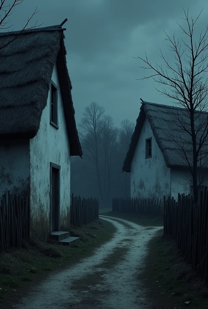 A very dark image of a street in an old and specifically Ukrainian village of the seventeenth century in the Gothic style with one-story wattle and daub houses, without attic и с соломенной крышей, A lot of nature, houses on one side of the street, on the edge of the ravine, road without bricks, a common trampled trail on the grass, white houses,  the walls of which are covered with chalk, the distance between the houses is large, there are 2 houses in the picture , fenced with thin branches, the fence is low, branches horizontal, without attic , it&#39;s night outside 