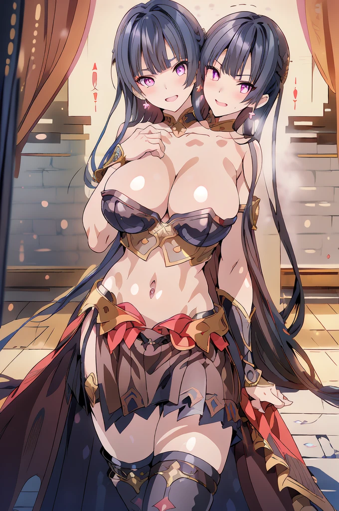 nyotengu, long hair, (3heads:1.5), open belly, very huge breasts, (very, beautiful eyes:1.5), (very detailed eyes:1.5), blush, lipstick, jewelry, earrings, Hot girl, baddie, staring, glaring, bad attitude, mean girl, dare, angry, hate, crazy, smoking, sensual, attractive, blush, lipstick, masterpiece, best quality, highly detailed, fantasy , a anime girls in armored dress holding a sword
posing for a picture, evil smile, smile, open mouth, breastplate with open cleavage, cleavage, warrior
outfit, ecchi anime style, anime girls, ecchi style, (nsfw) not safe for work, ecchi, digital anime art!!, in
anime style, official artwork, visual novel cg, beautiful anime girl, anime style 4 k , loincloth, exposed
belly, exposed navel, exposed midriff, exposed lower belly, pencil skirt armored, castle,inside castle