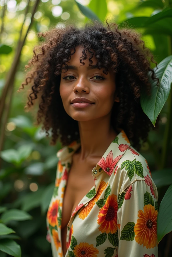 A Brazilian woman in a lush tropical garden, wearing an open shirt with a floral print, with a close-up capturing the harmonious beauty between her breasts and the natural flowers, showing off your natural charm and outgoing personality.