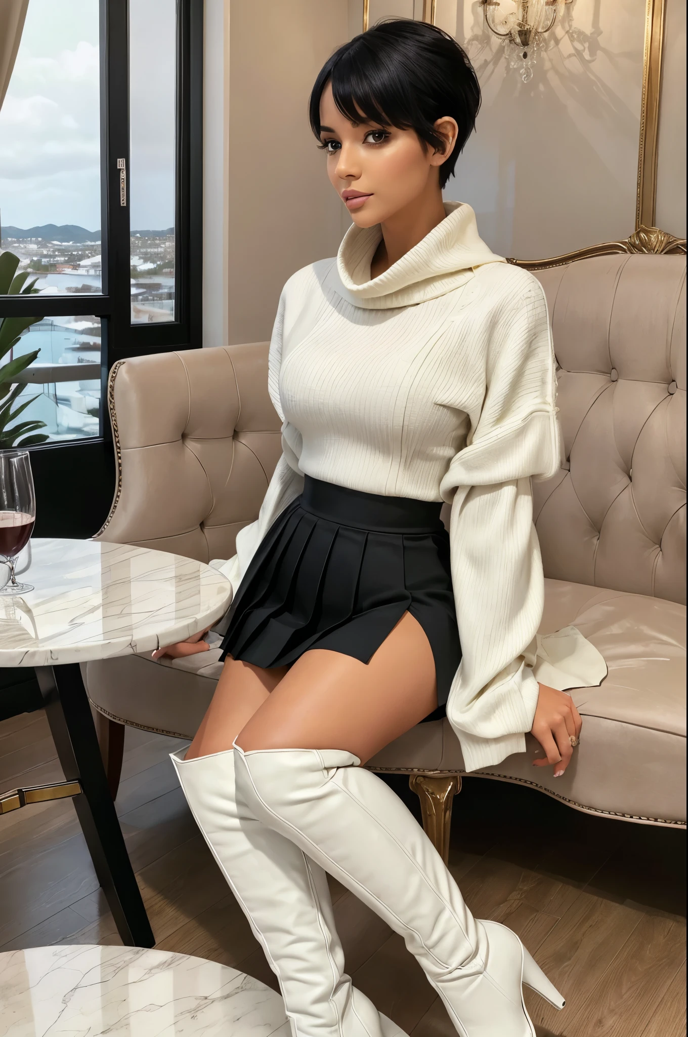 ((best quality)), ((masterpiece)), (detailed), 1girl, covered shoulders pull neck top big oversized wide white jacket with long sleeves covering both hands high waist pleated skirt skinny small sexy brest, looking at the camera,, thigh high boots heels black hair pixie cut, luxury restaurant date night, night out, looking at the camera date night setting tropical setting glass coffee table with wine glass