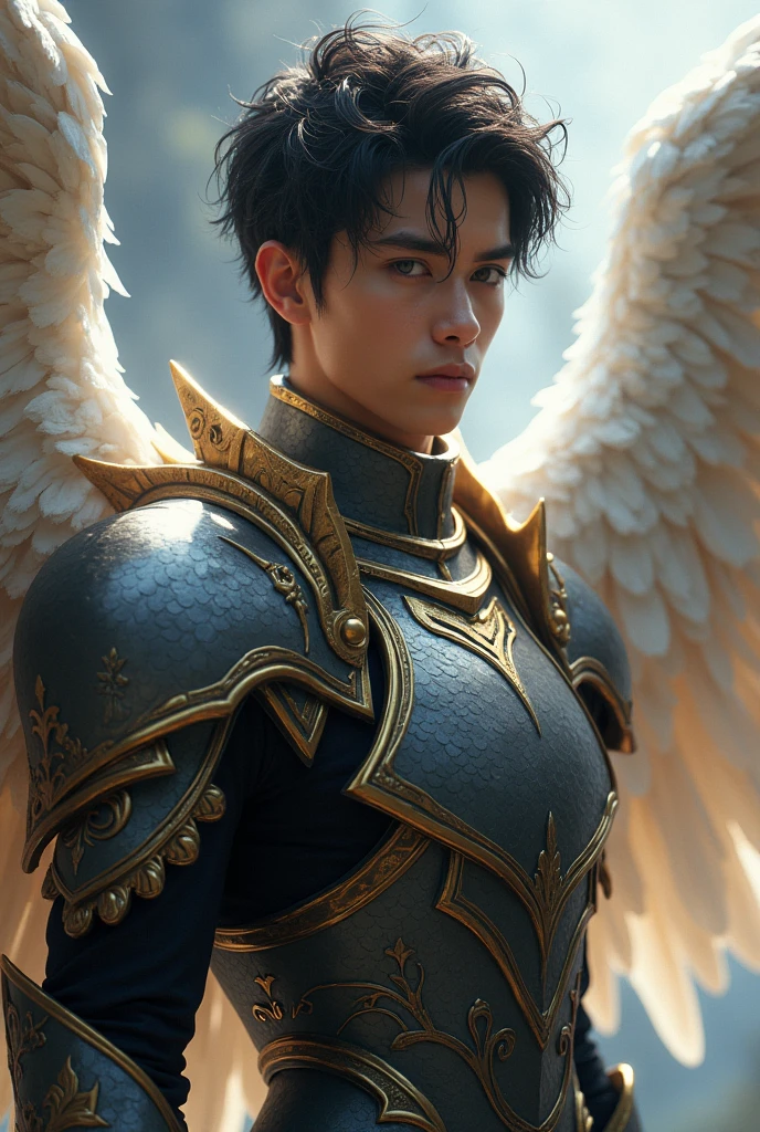 masterpiece, best quality, realistic, ultra detailed, sfw, dungeons and dragons, character design, a young male aasimar, extremely handsome chinito filipino, stylish dark hair, white angel wings, organic "monster hunter" style heavy armor made of dragon scales and horns, dramatic heroic pose,