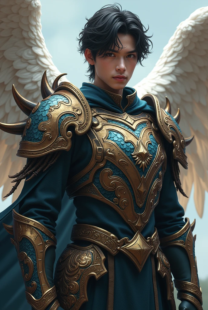 masterpiece, best quality, realistic, ultra detailed, sfw, dungeons and dragons, character design, a young male aasimar, extremely handsome chinito filipino, stylish dark hair, white angel wings, organic "monster hunter" style heavy armor made of dragon scales and horns, dramatic heroic pose,